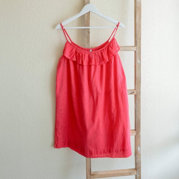 OLD NAVY MINI DRESS SZ M CORAL LINEN COTTON BLEND SLEEVELESS RUFFLE NECK - Picture 1 of 6